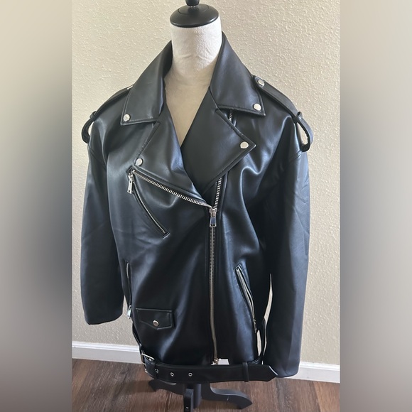 Zara Jackets & Blazers - Women’s Zara, faux, leather, black jacket, front zip up sleeve zip, belt  size M